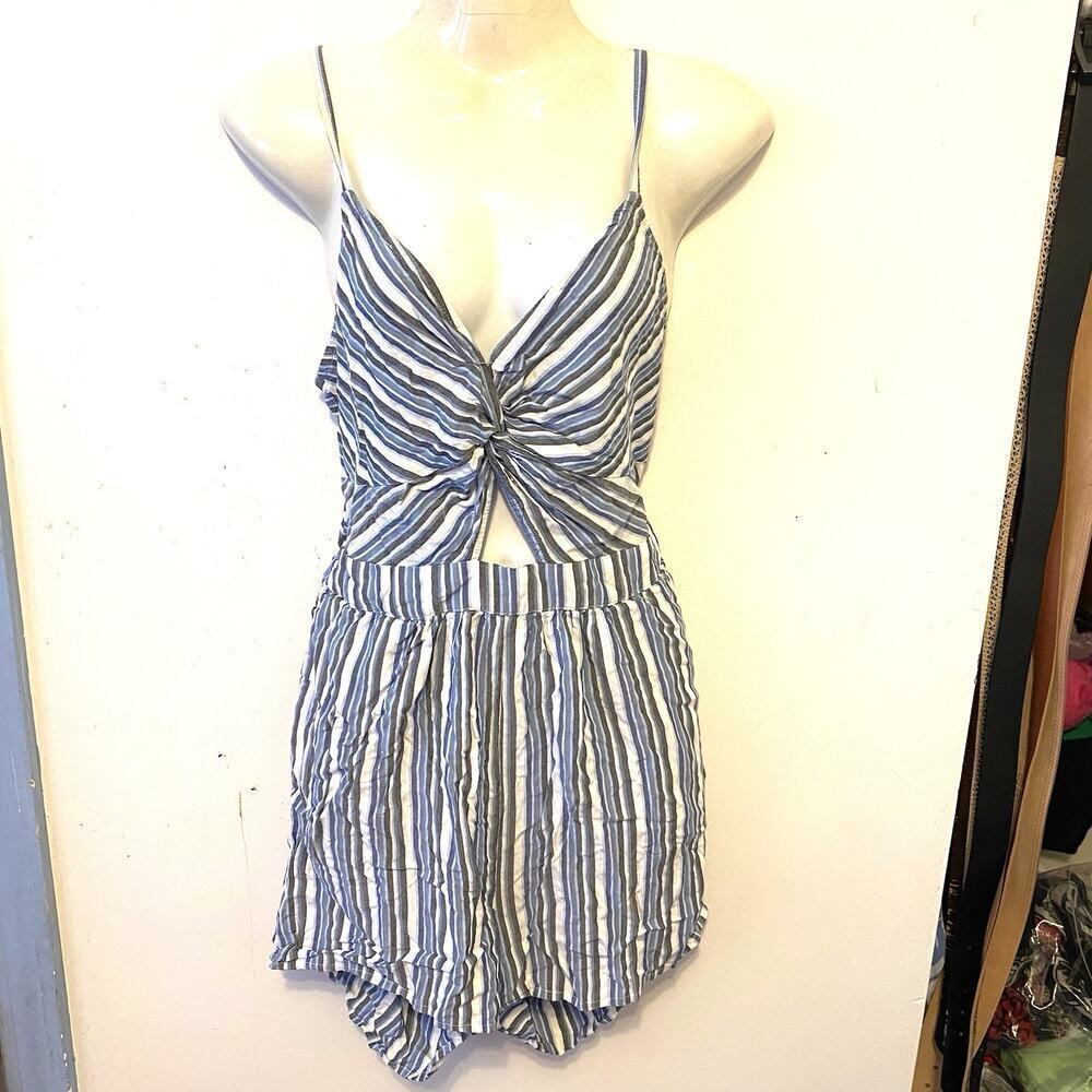 Aéropostale Romper Women L White Blue Stripes Spaghetti Strap Cut Out Back Sexy